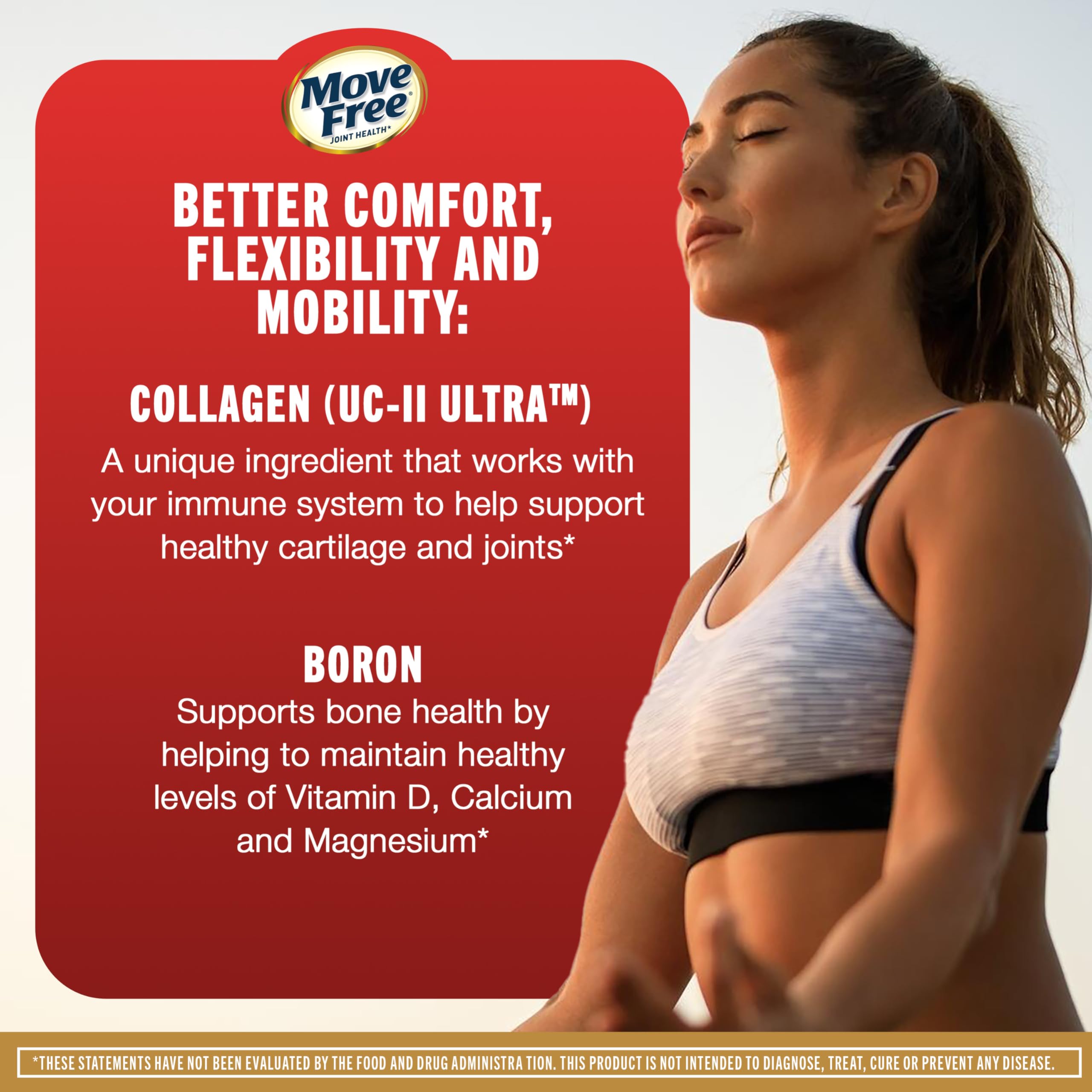 Move Free Ultra Triple Action review woman in sports bra next to Move Free panel about collagen and boron for joint health