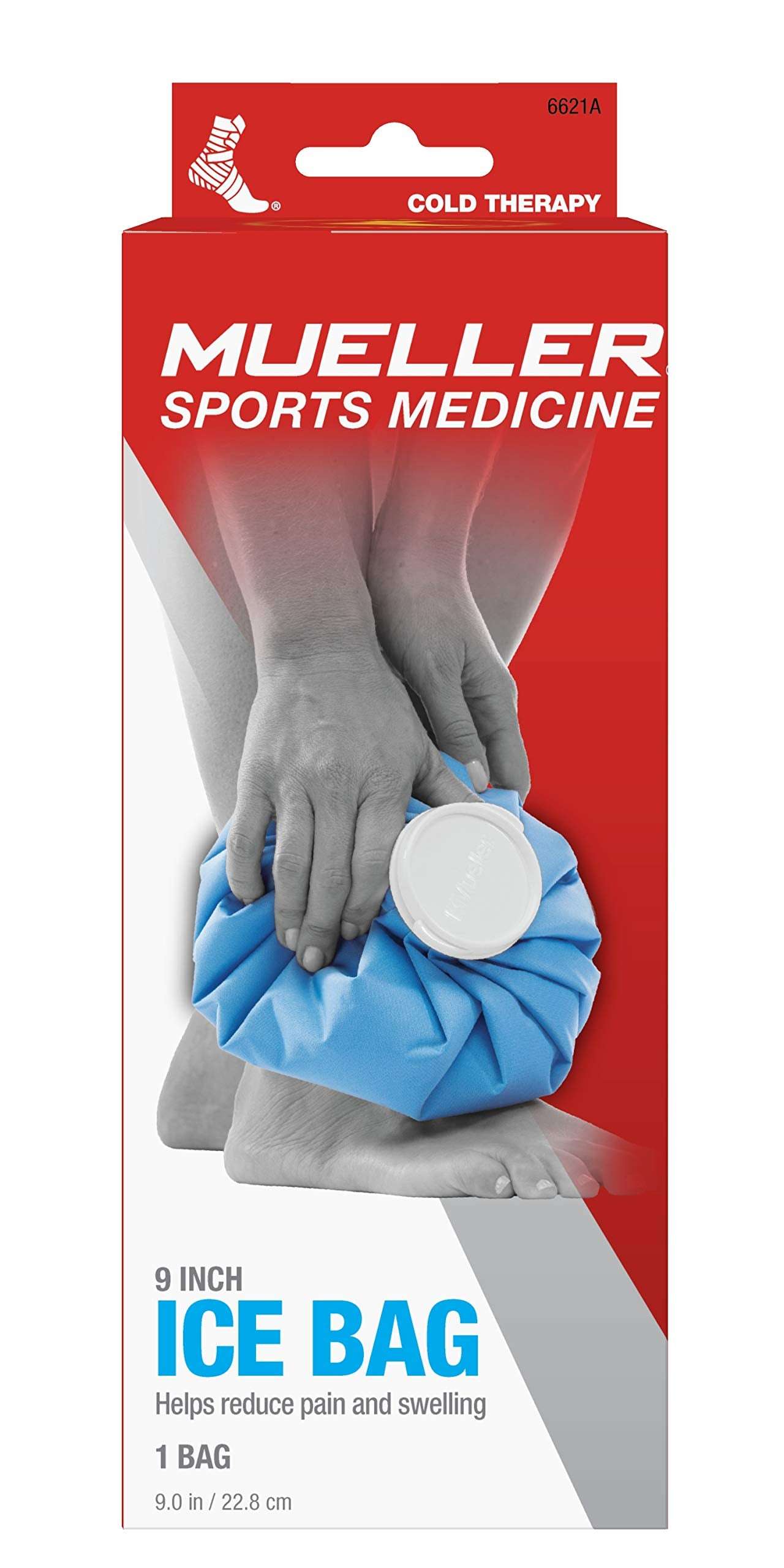 Mueller ice bag 9 inch reusable blue cold therapy bag on ankle in Mueller Sports Medicine packaging