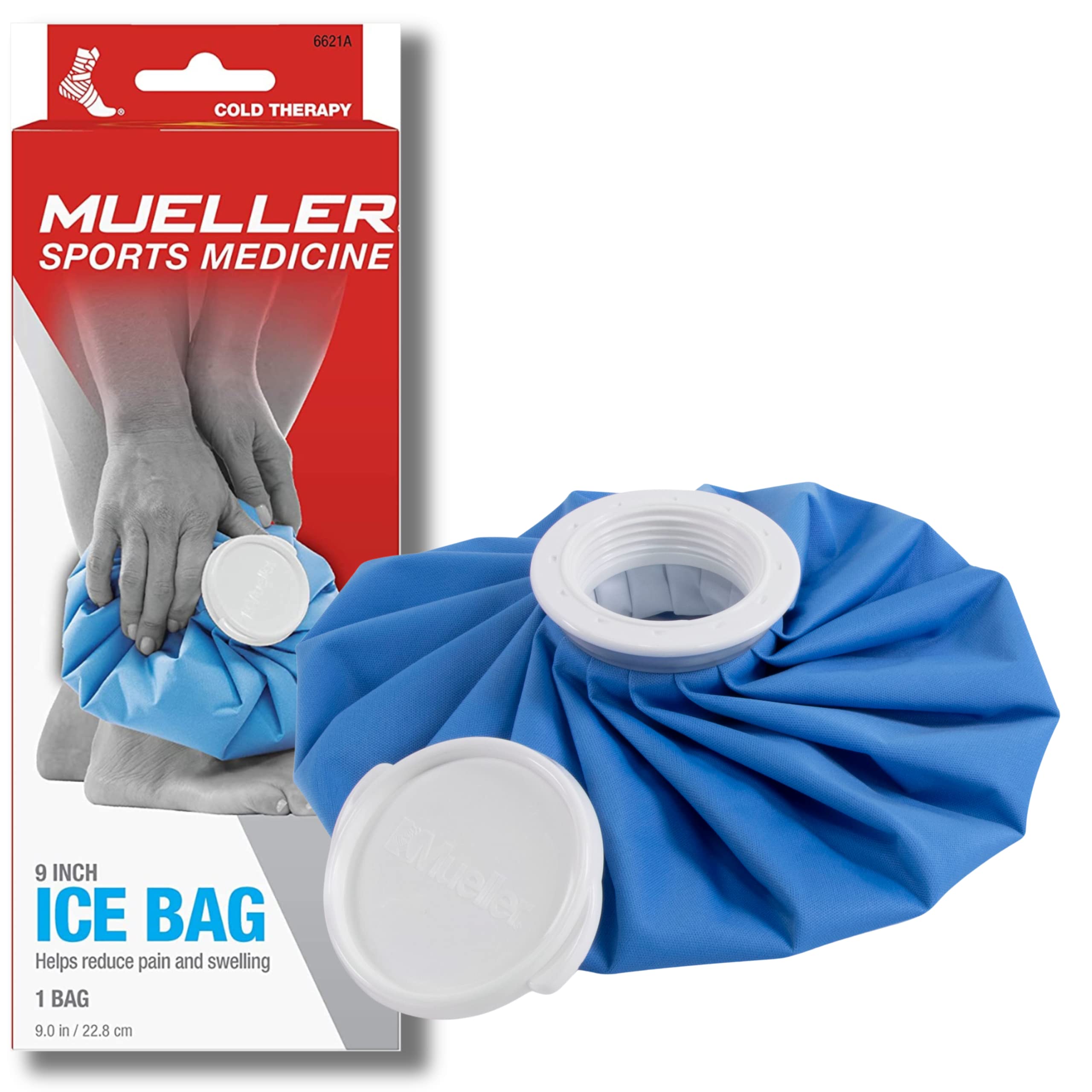 Mueller ice bag 9 inch blue reusable cold therapy bag with white screw cap and packaging