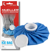 Mueller cold therapy ice bag, folded blue with white cap and opening