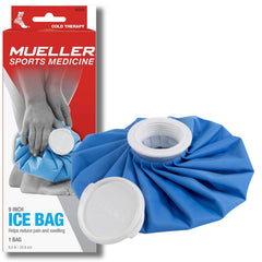 Mueller ice bag 9 inch blue reusable cold therapy bag with white screw cap and packaging