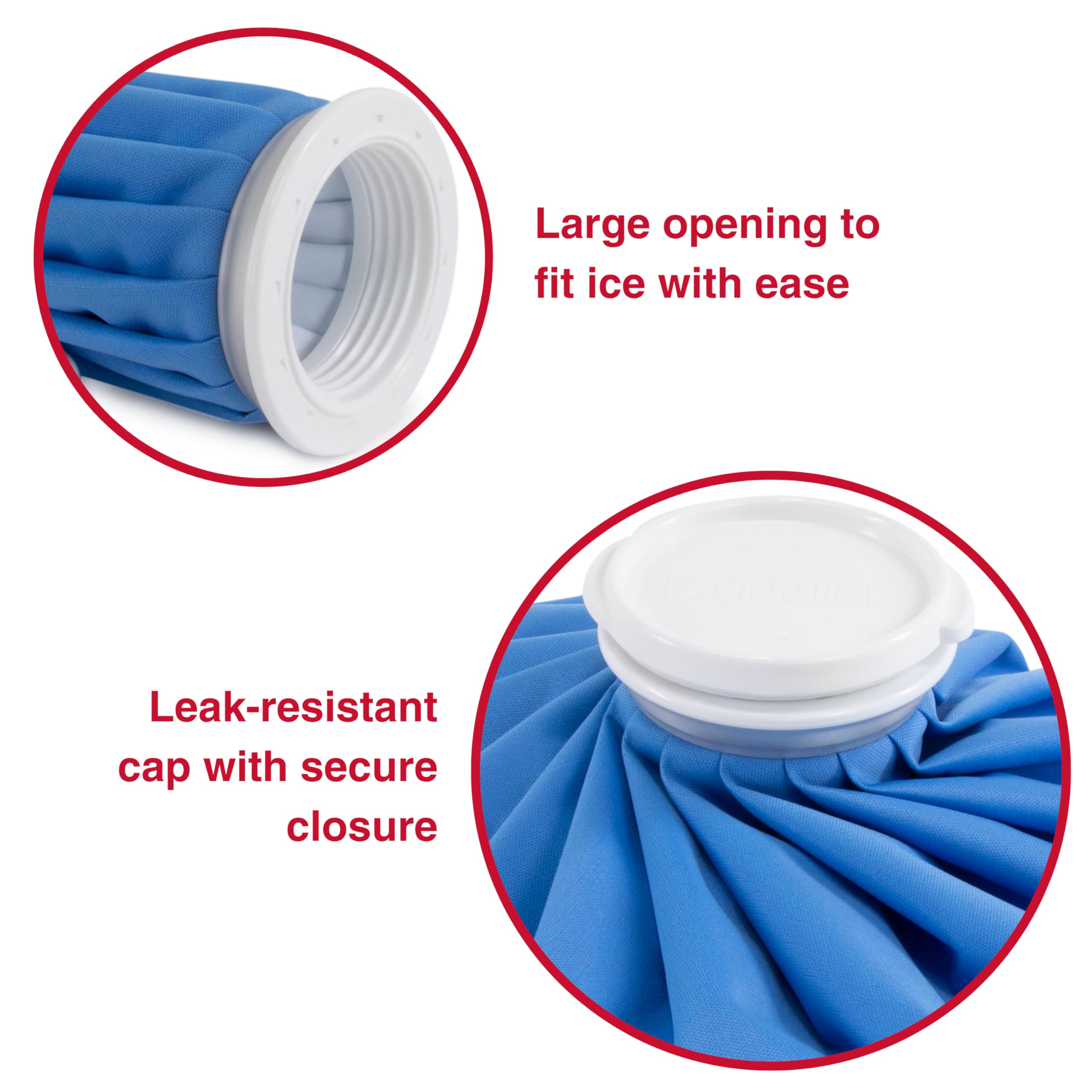 Mueller ice bag 9 inch blue reusable ice bag showing large opening to fit ice and leak resistant white cap