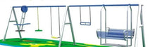 Swing set with bench swing, two single swings, on metal frame