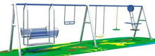 Multi-activity swing set: metal frame with bench swing and 2 hanging swings