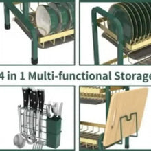 Two-tier dish rack with draining bars and plate divider, green frame, sturdy legs
