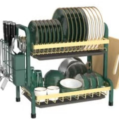 Huitich 2 tier dish rack with green frame holding plates bowls cups and cutlery for kitchen organization
