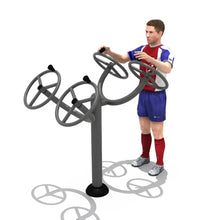 Wall-mounted training station with gray wheel handles and black base post.