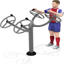 Training station with gray wheel handles and black base post, curved foot rails.