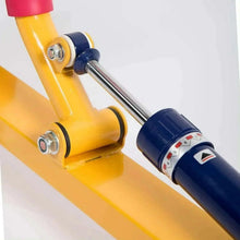 Yellow rower linkage with blue end knob and metal support bar, red accent collar