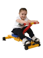 Child using Huitich multi gym rower for children in yellow and blue for home exercise