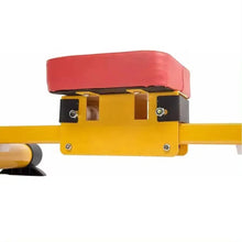 Red padded seat on yellow kids rower frame with side mounting brackets