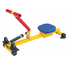 Kids home rower with blue seat, yellow frame, red handlebar grips and foot pedals