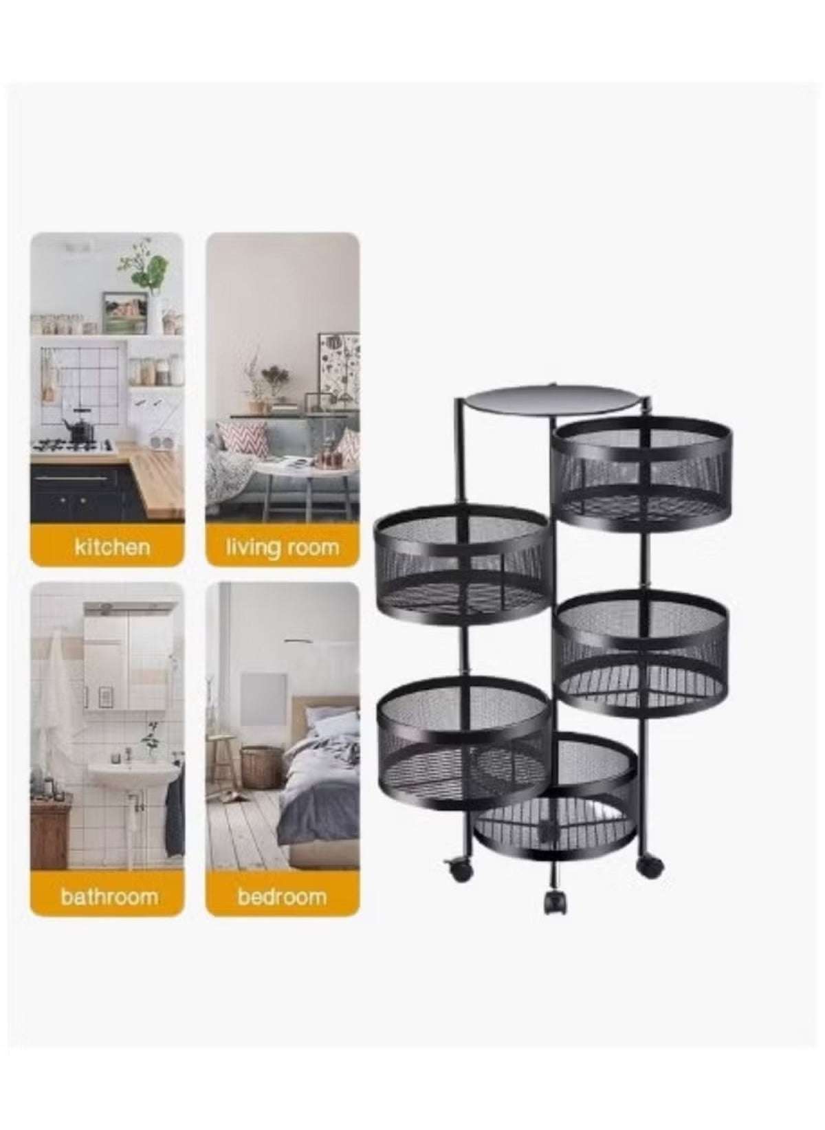 Huitich black metal multi-layer kitchen storage shelf with rotating baskets on wheels for versatile home organization