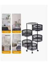 Multi-tier storage rack with round wire-mesh baskets on casters for compact organization
