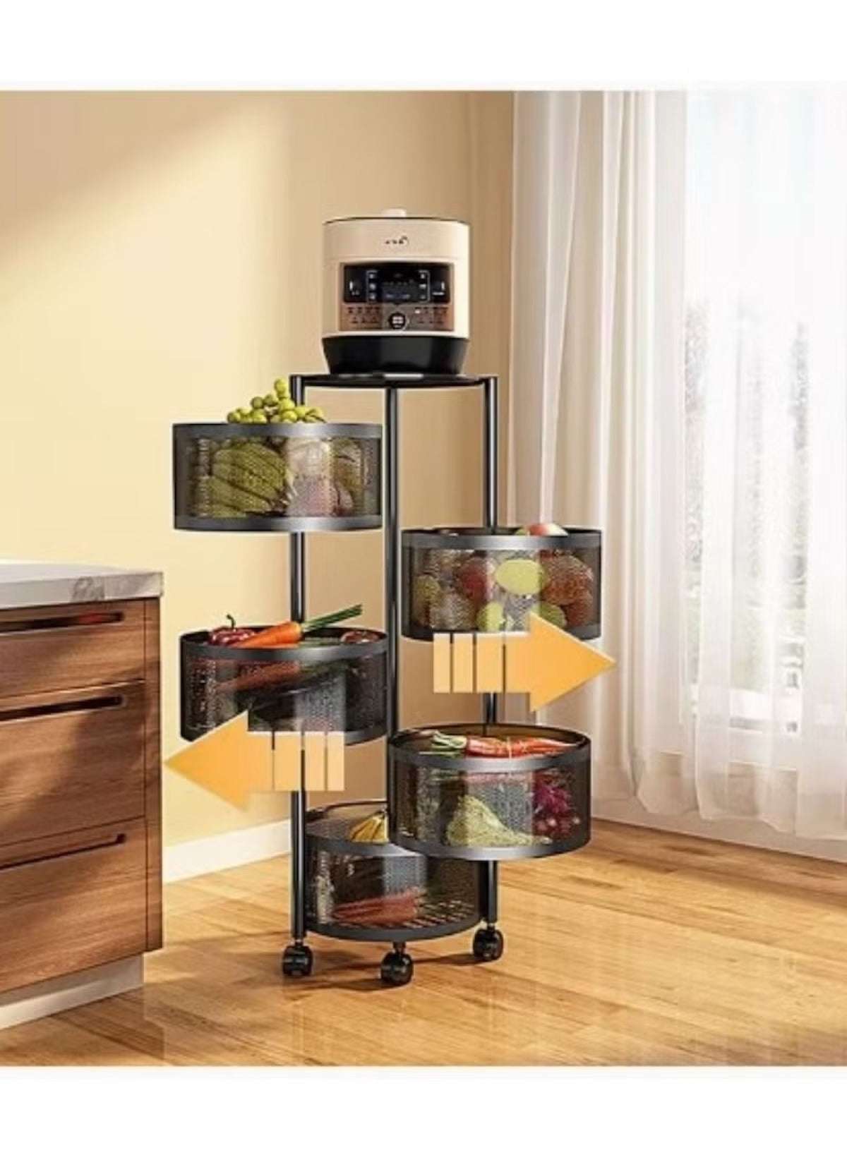 Huitich multi-layer kitchen storage shelf with rotating tiers and wheels for organized kitchen storage