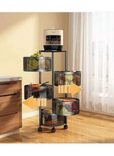 Tall wheeled storage shelf with stacked round mesh baskets holding kitchen produce