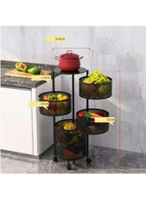 Multi-layer kitchen storage shelf with round wire-mesh baskets and a lidded pot