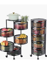 Wheeled multi-tier kitchen storage shelf with circular wire-mesh baskets, black metal frame