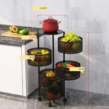 Multi-tier produce rack with round mesh baskets holding vegetables, with height guides