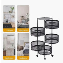 Multi-layer produce rack with four round mesh tiers and caster wheels
