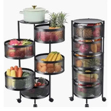 Multi-tier produce rack with round wire mesh baskets on caster wheels, filled with fruit