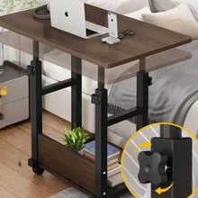 Adjustable study table with wheels, dark wood top, black frame, lower open shelf