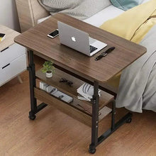 Adjustable study table with wheels, dark wood desktop, black legs, two-tier storage shelves
