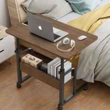 Adjustable study table with wheels, dark wood top, black frame, two storage tiers