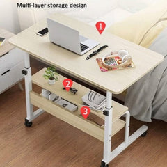 Huitich multi-tier study table with wheels featuring multi-layer storage design with laptop and accessories