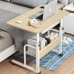 Huitich multi-tier study table with wheels featuring adjustable height and storage shelf holding books and accessories