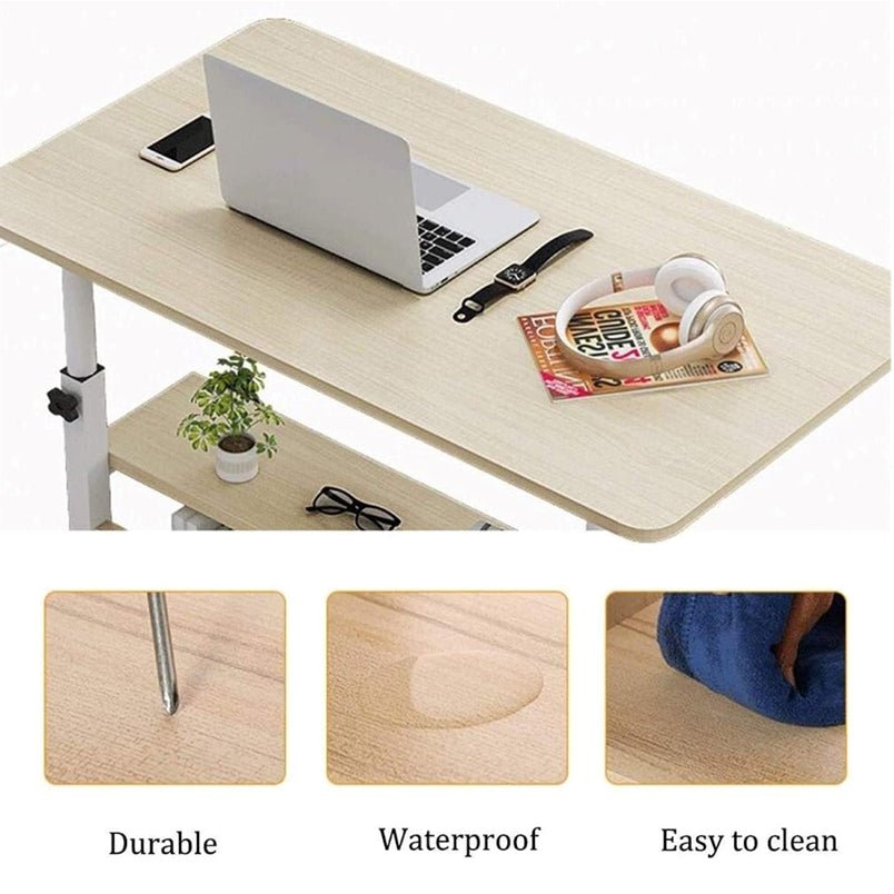 Huitich multi-tier study table with wheels in light wood finish with laptop, headphones, and storage shelf