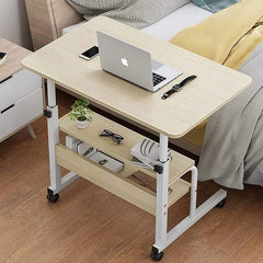 Huitich multi-tier study table with wheels in light wood and white metal frame with laptop and accessories on top