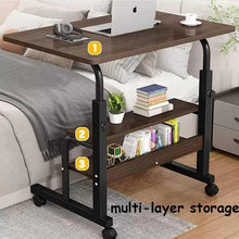 Adjustable study table with wheels, dark wood top, black frame, two open storage shelves
