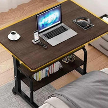 Adjustable study table with wheels, dark wood top and black frame, open lower shelf