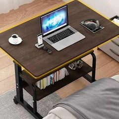 Huitich multi-tier study table with wheels featuring dark wood finish and black metal frame