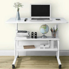 Huitich white multi-tier study table with wheels featuring laptop space and two shelves for storage