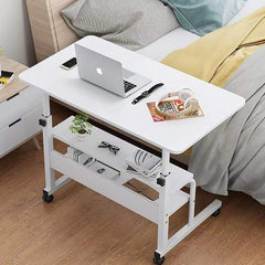 Huitich white multi-tier study table with wheels featuring laptop space and lower shelves for storage