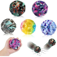 Huitich multicolor bouncing ball set with vibrant patterns shown in hand and bouncing action