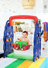 Kids swing with hanging seat, blue elephant sides, green base; toddler sitting