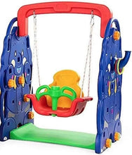 Kids outdoor swing set with red frame, blue elephant sides, green base and hanging seat