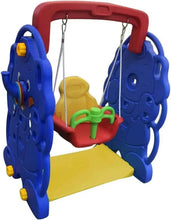 Kids swing with blue animal frames, red hanging seat, yellow platform base
