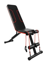 Adjustable workout bench with black padded seat and red frame, incline design