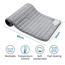 Gray foldable electric heating pad blanket with corner controller and size guide