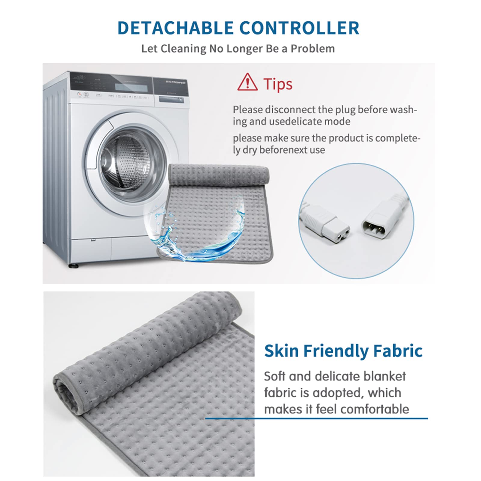 Prosight electric heating pad for back pain with detachable controller washable gray soft dimpled fabric
