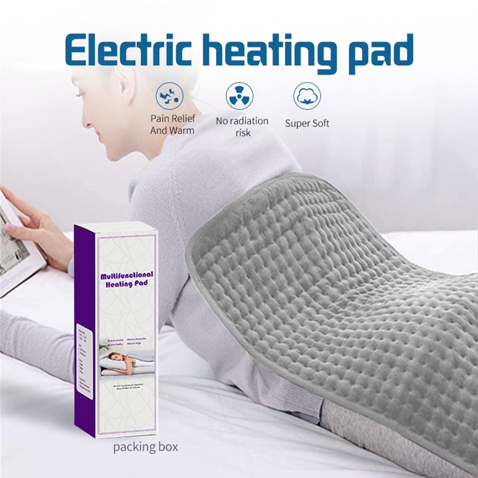 Prosight electric heating pad for back pain grey quilted pad on bed with packaging box beside user