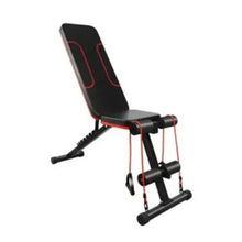 Black multifunction weight bench with angled backrest, leg support, and red trim