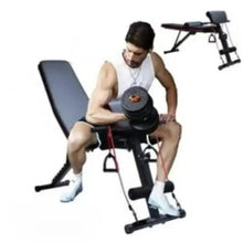 Multifunction weight bench with angled backrest, leg support, and resistance straps