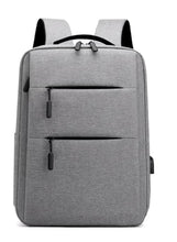 Light grey travel backpack bag with top handle, front zip pockets, and two side openings