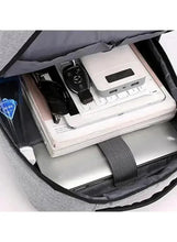 Open interior of light grey travel backpack with zip compartments and electronic devices