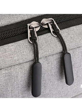 Close-up of light grey backpack zipper pulls with two black zip tabs